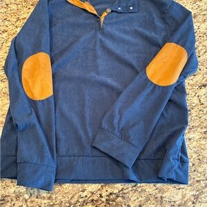 HengSheng Jeans Men's blue Corduroy Button Down Shirt with Tan Elbow Patches